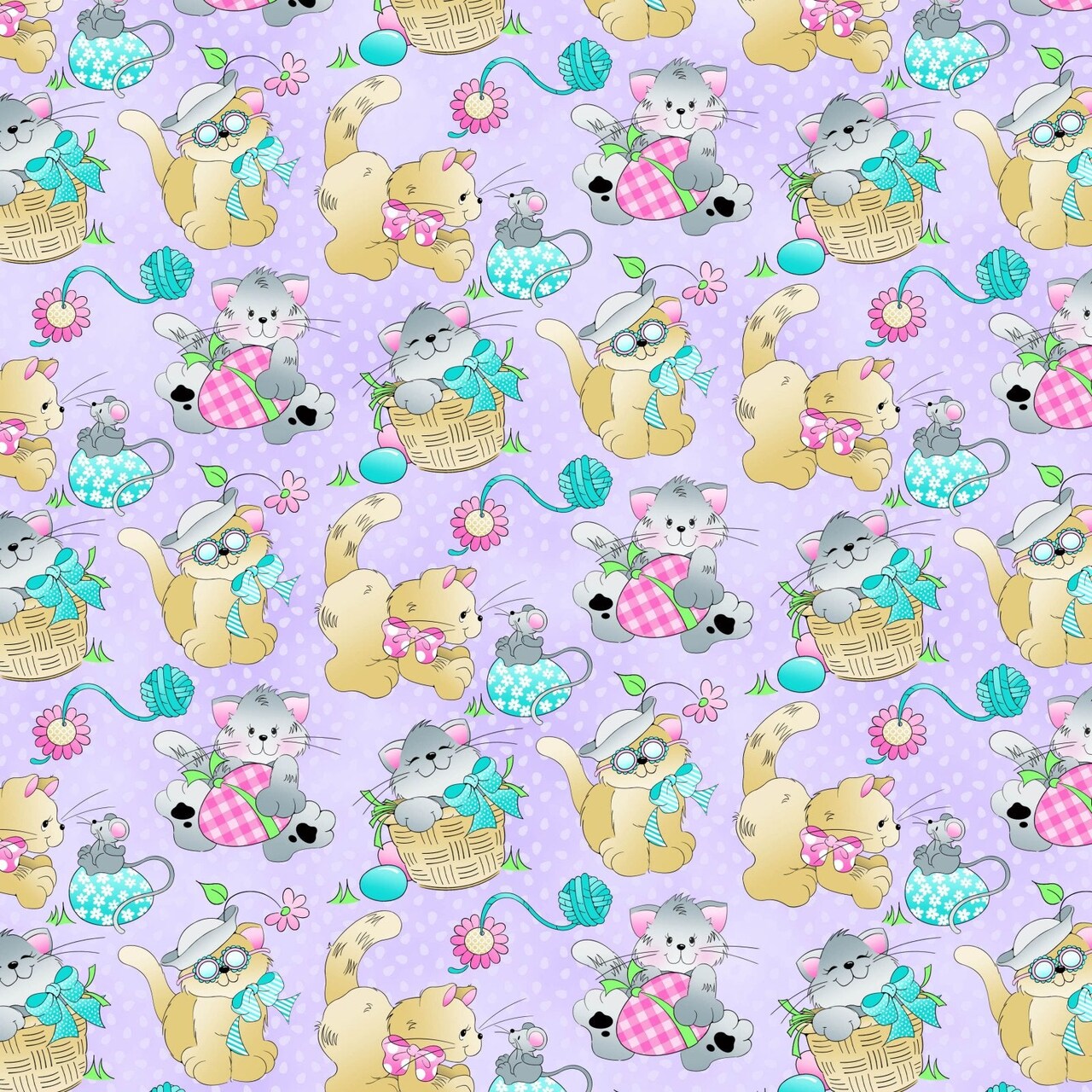 Fabric Traditions Easter Cats Kittens Kitties Purple 100% Cotton Price per Yard